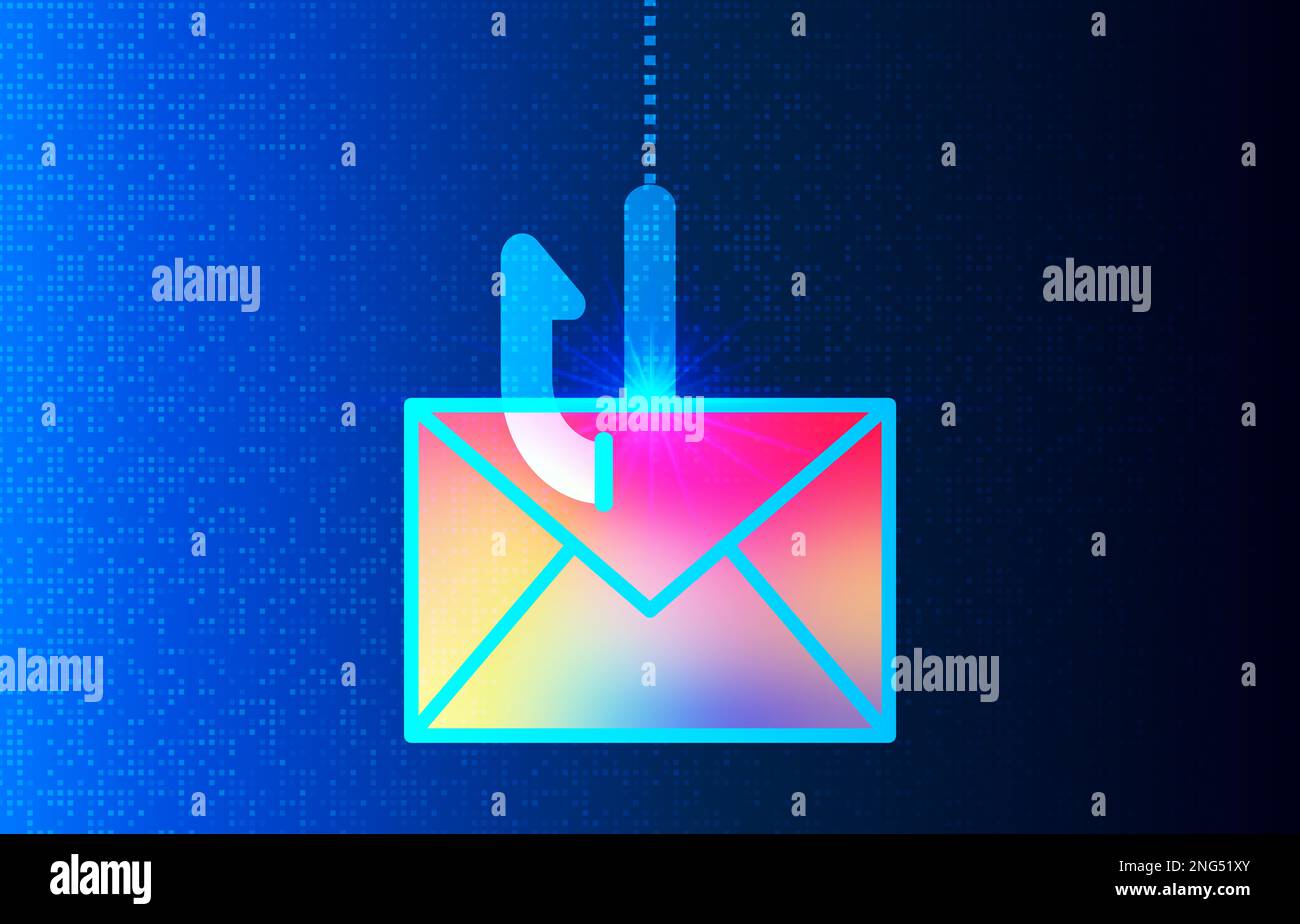 Phishing - icône phishing avec lettre et crochet de pêche - Type de génie social où les attaquants trompent les victimes pour révéler des informations sensibles Banque D'Images