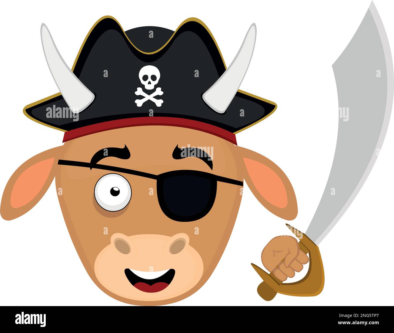 illustration vectorielle face d'un dessin animé de vache pirate, avec chapeau, œil et épée de sabre à la main Illustration de Vecteur