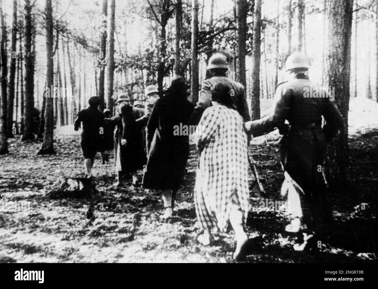 La première phase de l'Holocauste n'était pas avec des chambres à gaz mais des escadrons mobiles d'exécution connus sous le nom d'Enisatzgruppen. Leur tâche était de se promener derrière les lignes de front de teh, en tirant tous les Juifs qu'ils pouvaient. Ils ont tué environ deux millions de personnes. Cette photo montre les femmes polonaises ont mené à l'exécution de masse dans une forêt près du village de Palmiry. Après la guerre, la femme au premier plan a été identifiée comme Janina Skalska. Banque D'Images
