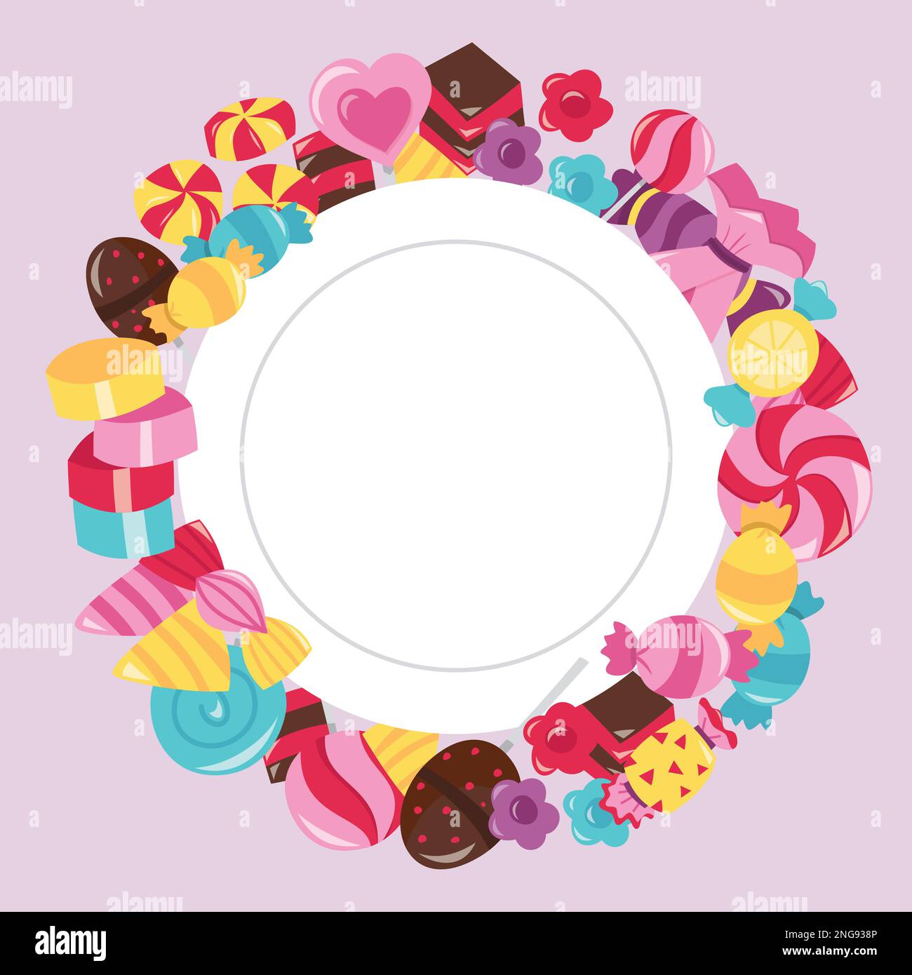 Illustration vectorielle représentant des bonbons colorés et des bonbons autour d'une plaque blanche sur fond violet. Illustration de Vecteur