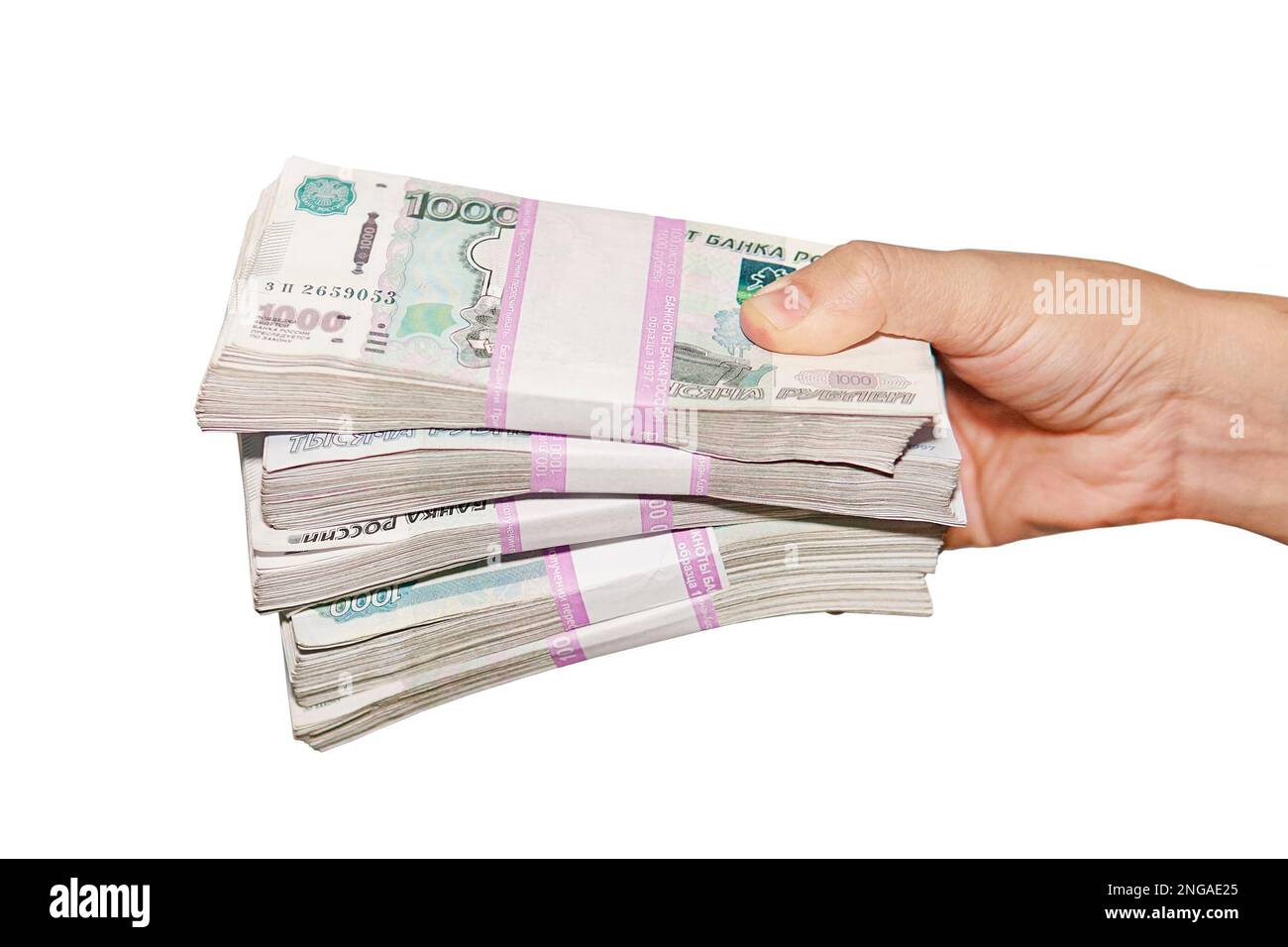Cinq cent mille roubles. billets en main, isolés sur blanc. Banque D'Images