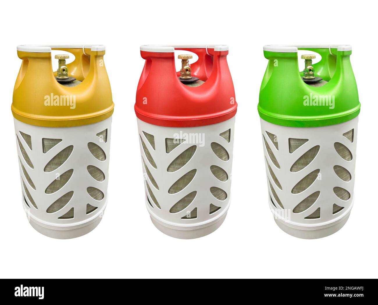 Trois bouteilles de gaz réservoir de gpl isolé. Bouteille de propane ballon en fibre de verre. Conteneur composite cylindrique avec liquide comprimé Banque D'Images
