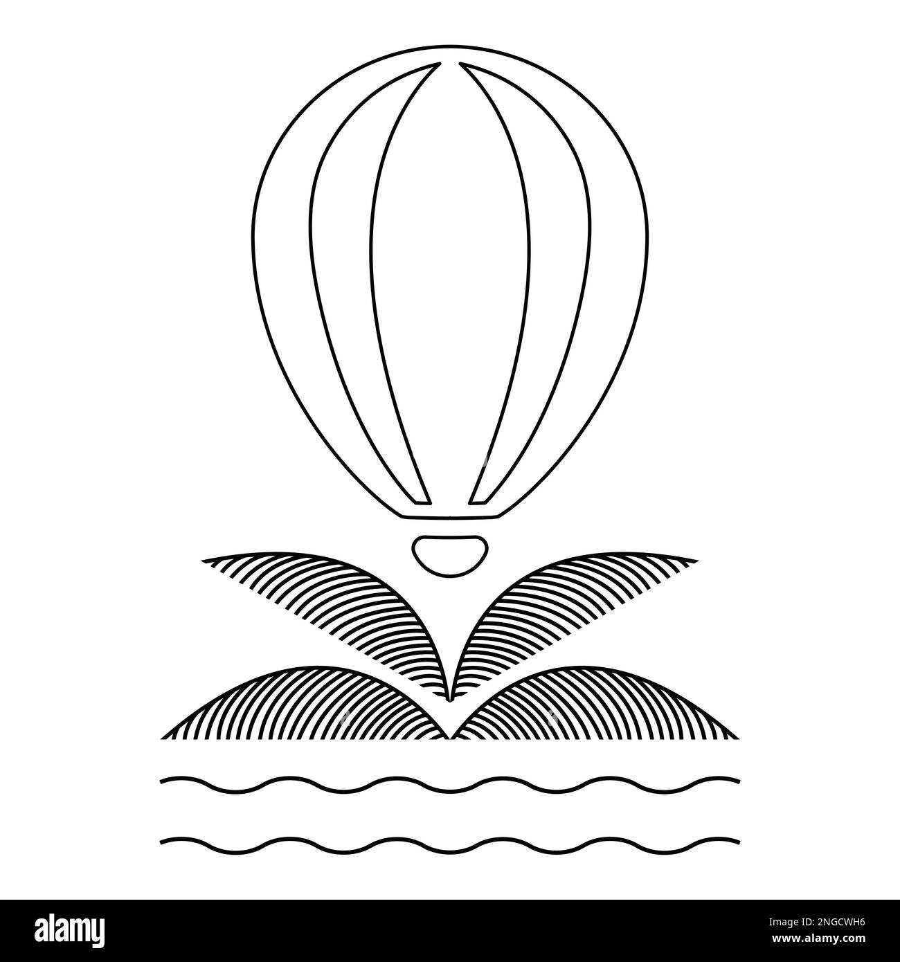 Design emblématique du ballon d'air chaud. Icône du ballon d'air chaud, des palmiers, de la mer et de l'océan. Illustration de Vecteur