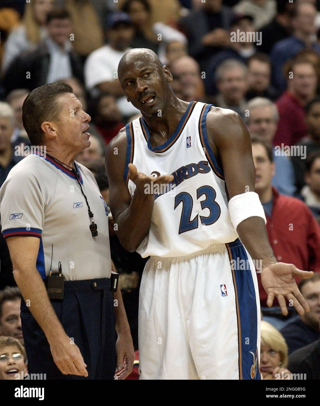 Washington Wizards Michael Jordan 23 argues with official Bob Delaney left after he was called for a technical foul against the Utah Jazz during the fourth quarter of the Wizards 105 102 win