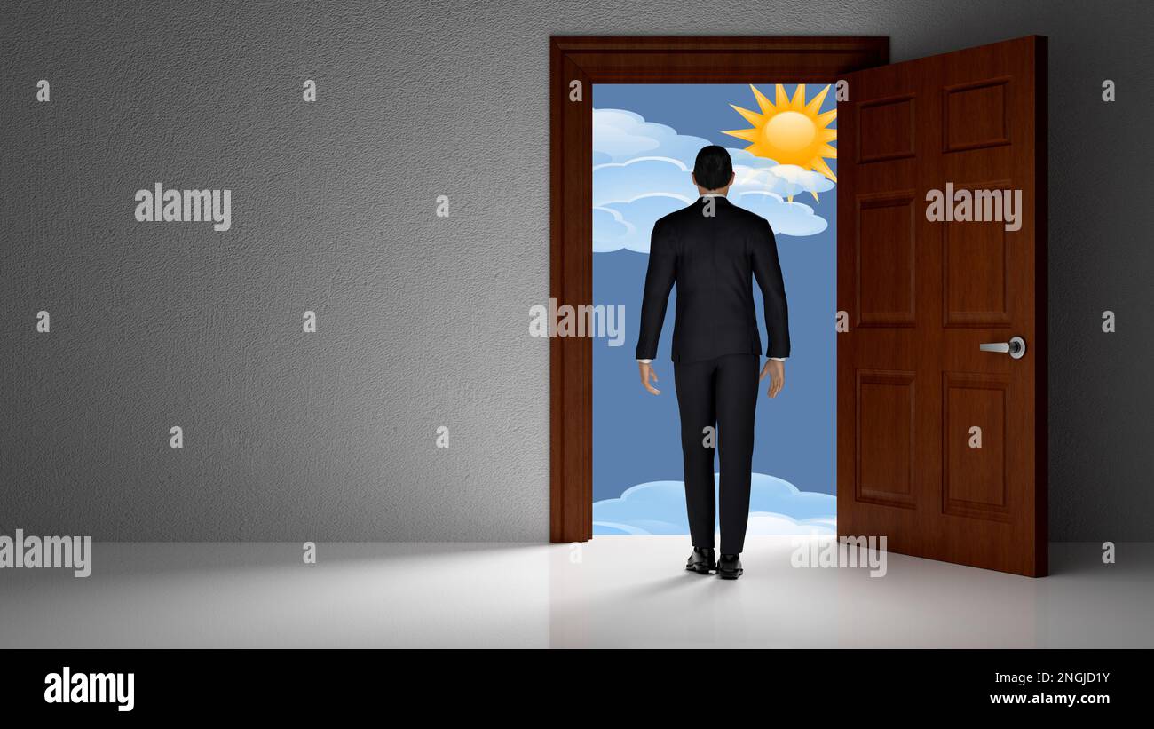 3d illustration. Homme devant une porte ouverte d'où l'avenir peut être vu, représenté comme un ciel lumineux, marche vers l'espoir, l'avenir, l'intérieur Banque D'Images