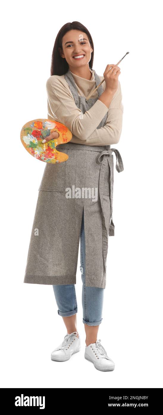 Jeune femme avec outils de dessin sur fond blanc Banque D'Images
