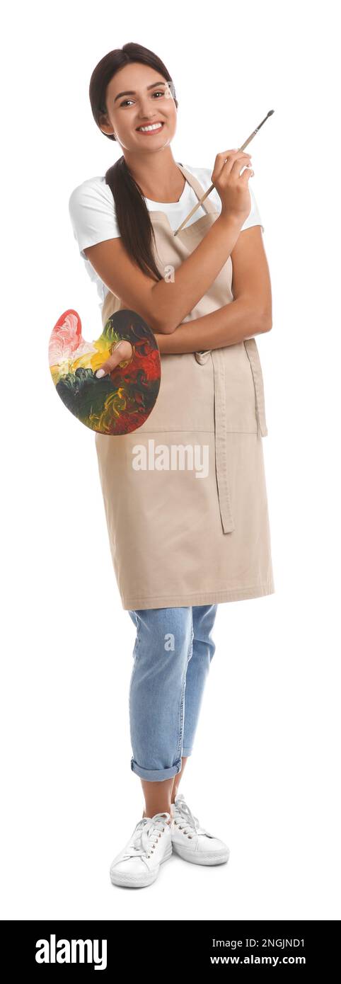 Jeune femme avec outils de dessin sur fond blanc Banque D'Images