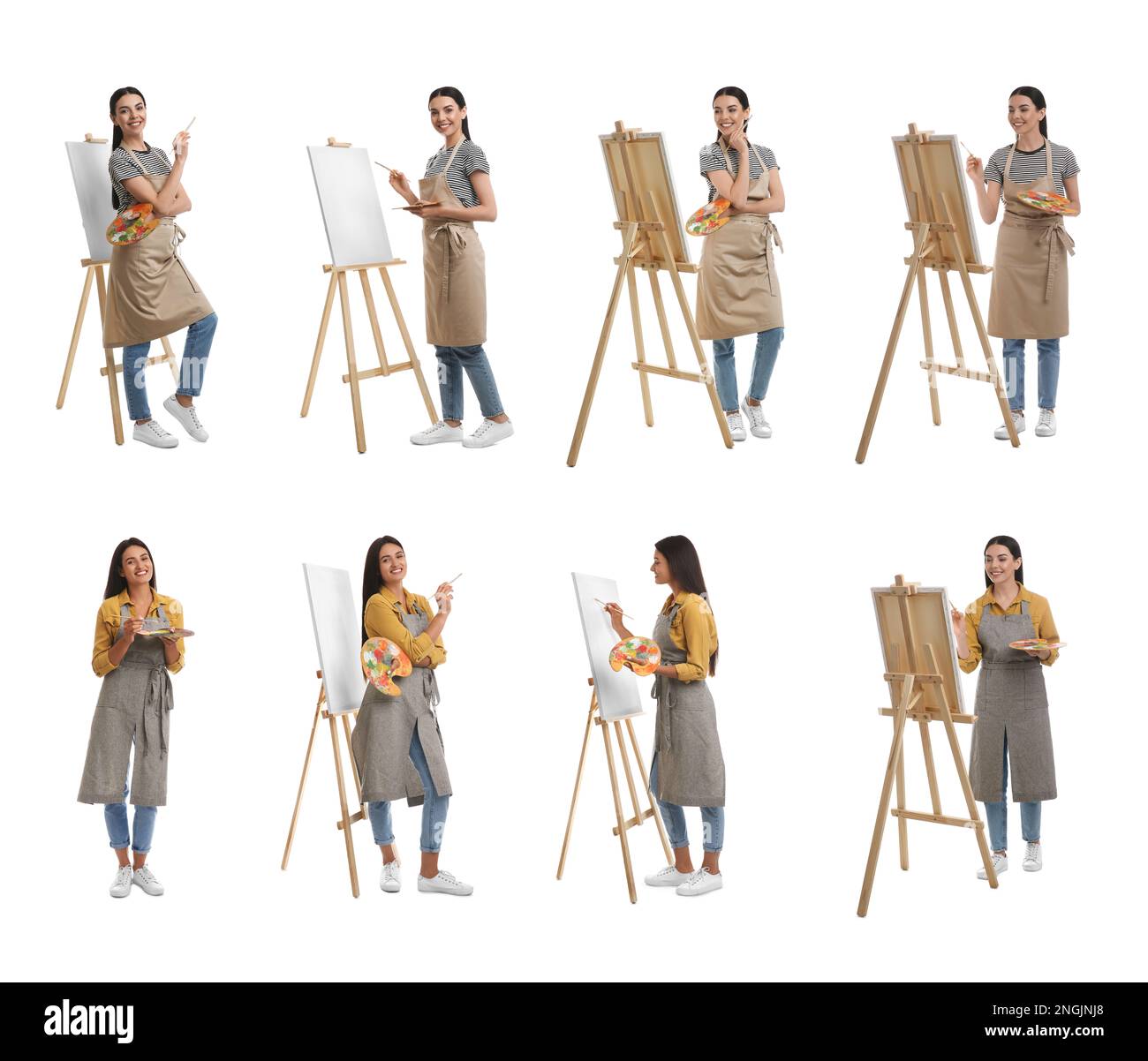 Les jeunes femmes dessinant sur des chevalets sur fond blanc, collage Banque D'Images
