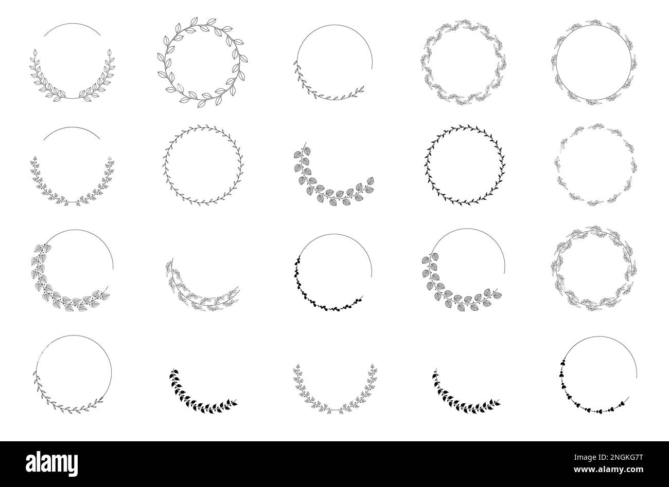 Collection de couronnes de Laurier vintage. Jeu de châssis de lauriers noirs. Le Laurier vecteur dessiné à la main laisse des éléments décoratifs. Illustration vectorielle. Illustration de Vecteur