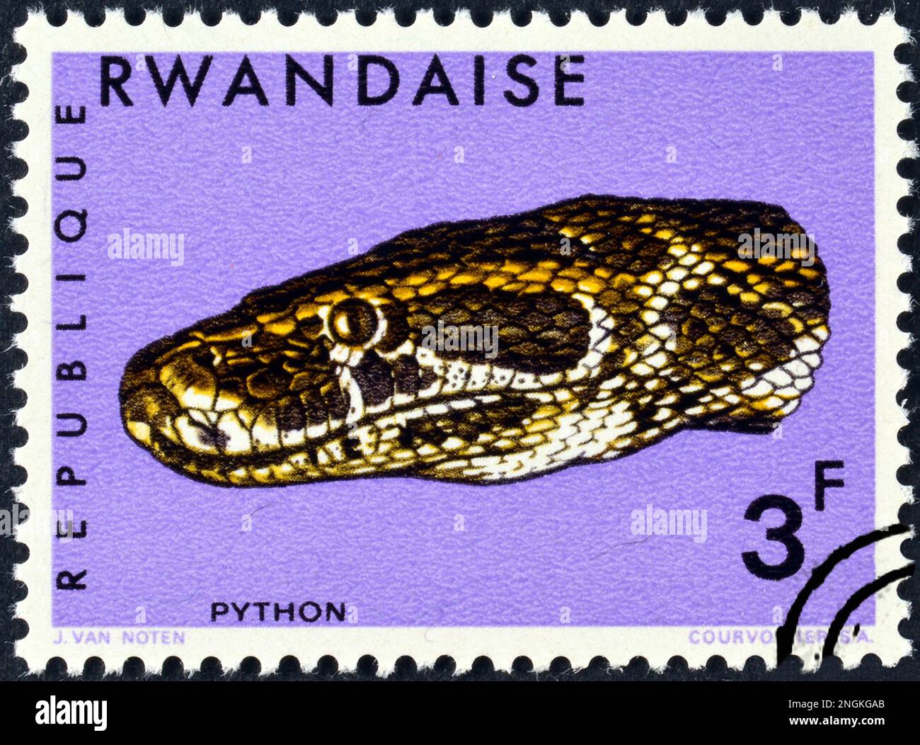 Timbre-poste annulé imprimé par le Rwanda, qui montre African Rock ...