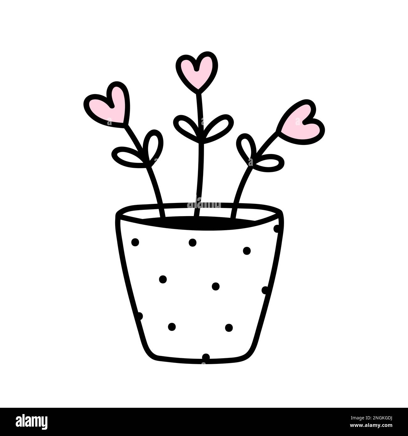 Jolies fleurs en forme de coeur dans un pot isolé sur fond blanc. Illustration vectorielle dessinée à la main, style doodle. Parfait pour les cartes, le logo, les décorations, divers motifs. Illustration de Vecteur