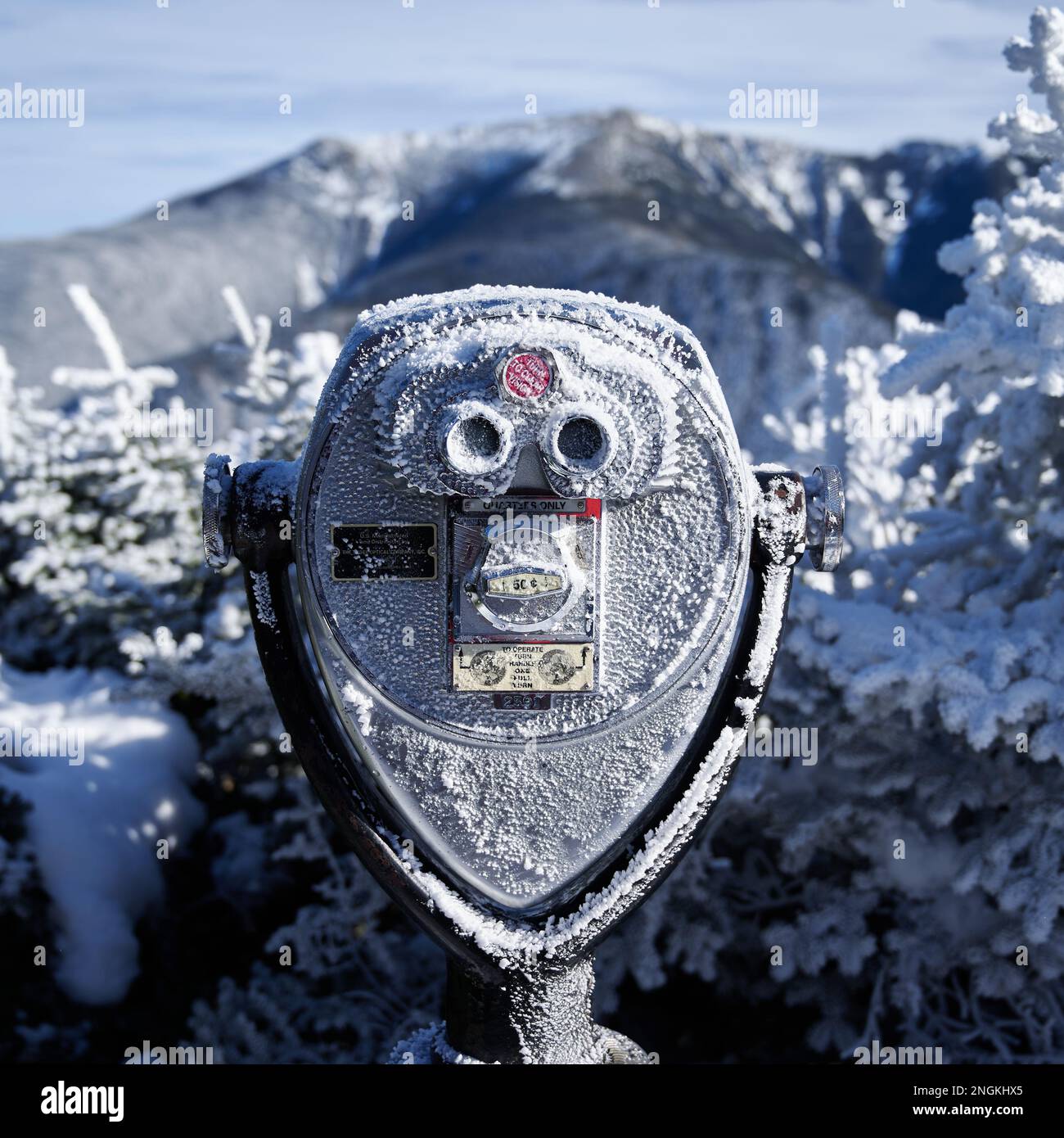 Un « Tower Viewer » (jumelles à pièces) couvert de glace rime, sur Cannon Mountain, New Hampshire Banque D'Images