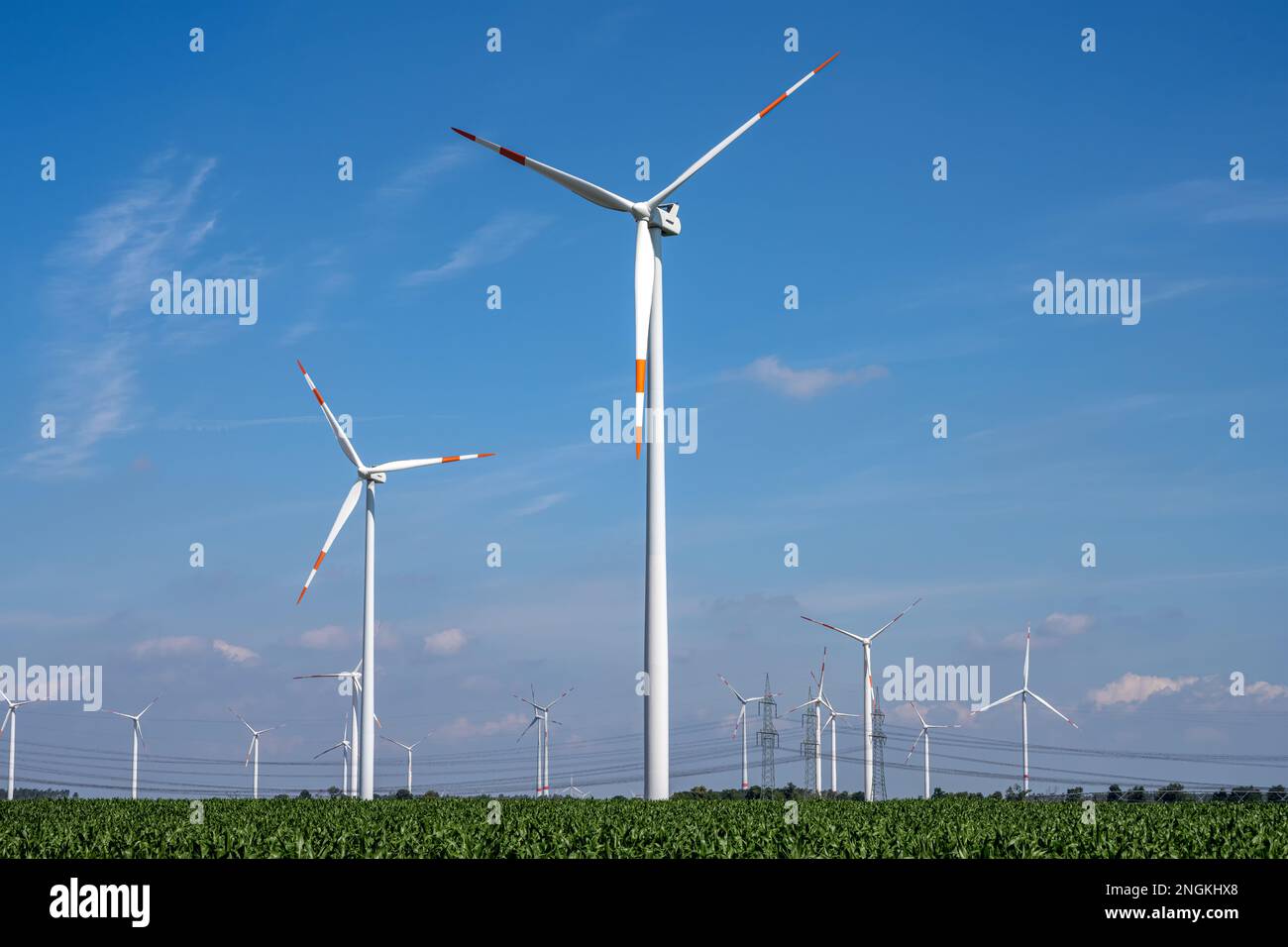 Centrales éoliennes modernes avec un ciel bleu en Allemagne Banque D'Images