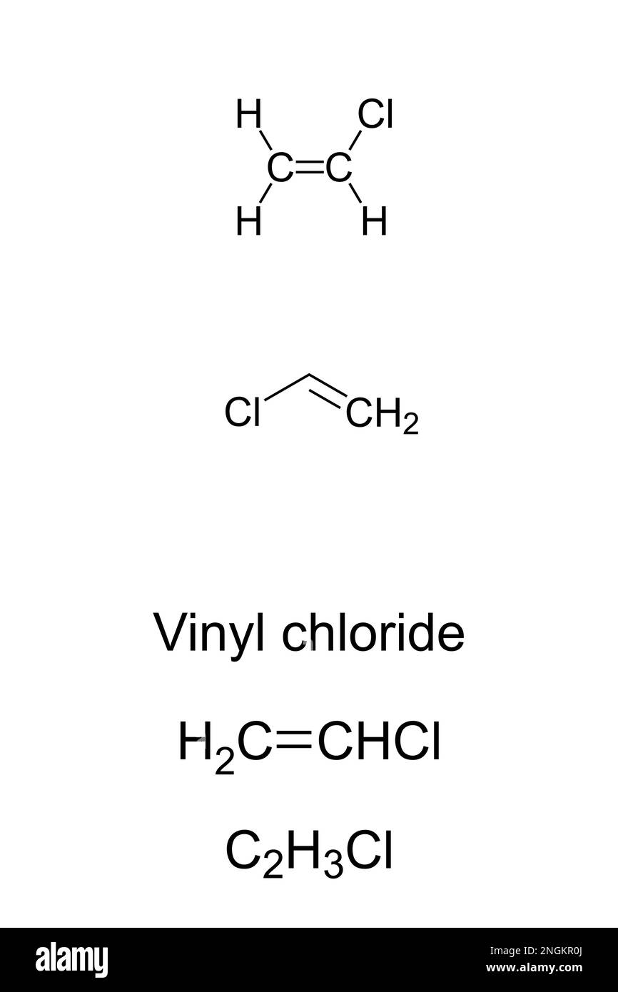 Chlorure de vinyle, chlorure de vinyle monomère VCM ou chloroéthène, formule et structure chimiques. Organochlorure et produit chimique important. Banque D'Images