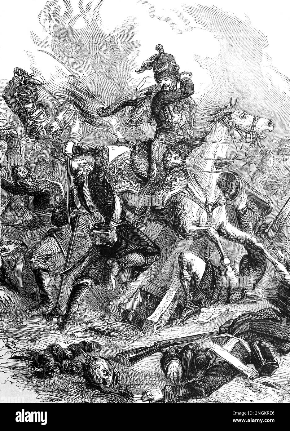 La charge de la Brigade légère, bataille de Balaclava 25th octobre 1854. Le comte de Cardigan mène le 600 dans la vallée de la mort. Illustration en noir et blanc Banque D'Images