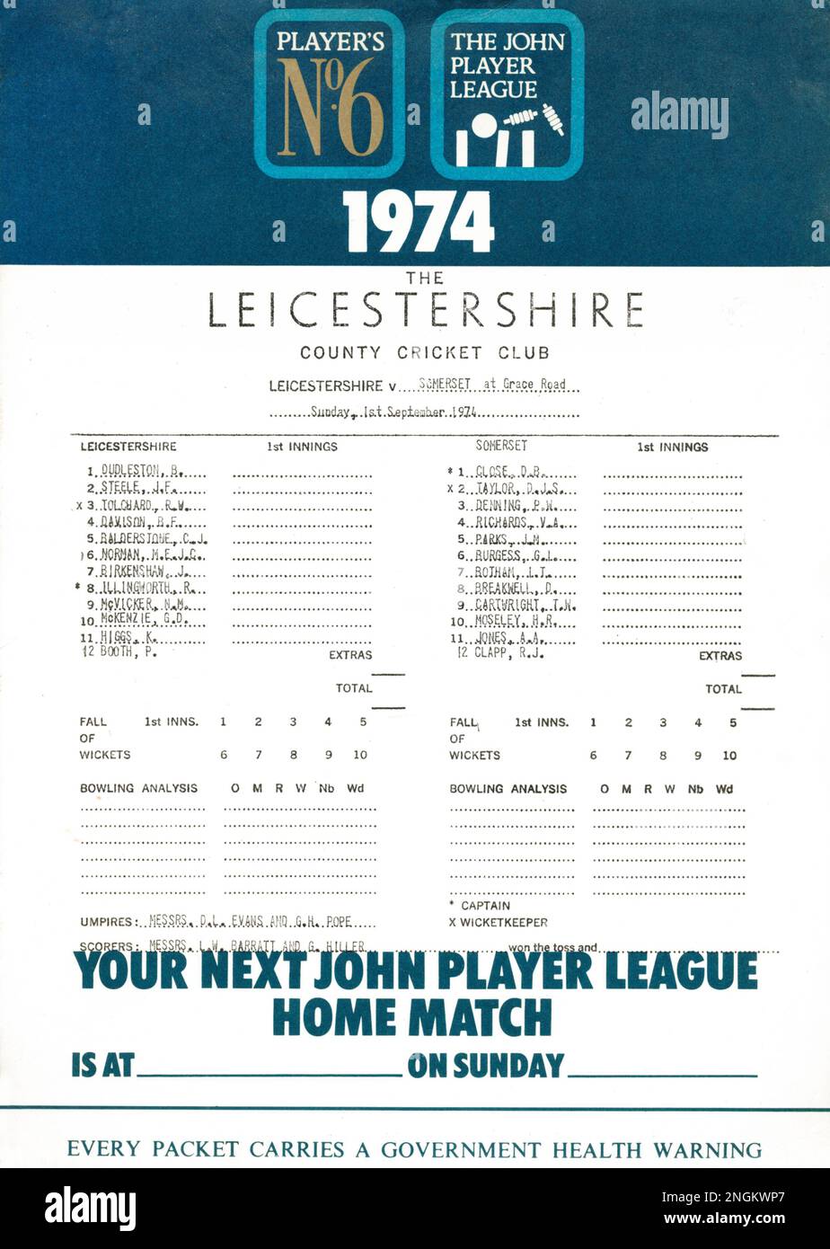 Leicestershire V Somerset. 1st septembre 1974, John Player League Cricket Scorecard. Banque D'Images