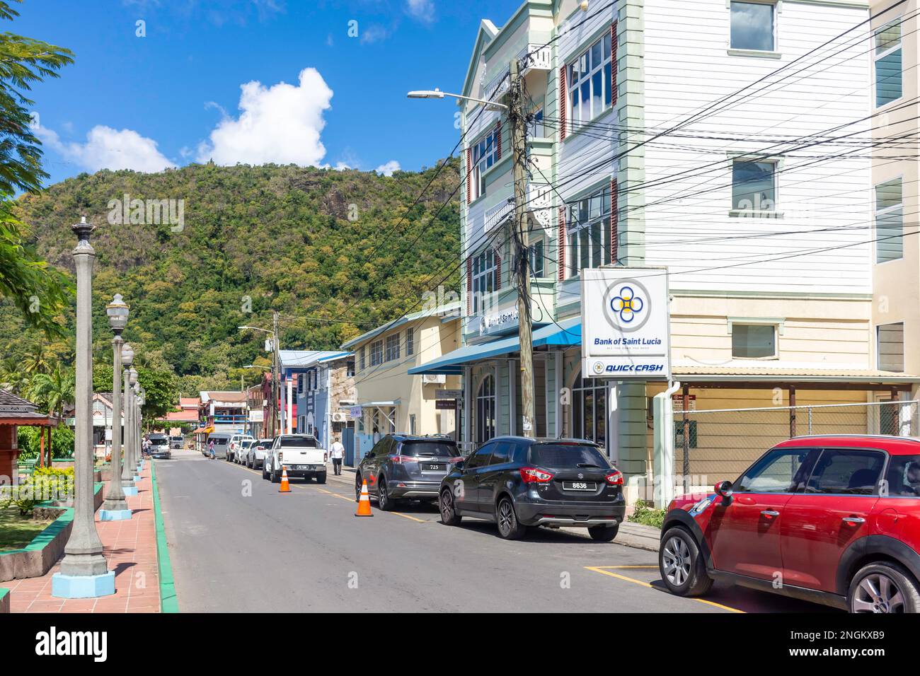 Promenade en front de mer, rue Maurice Mason, Soufrière, quartier Soufrière, Sainte-Lucie, Antilles néerlandaises, Caraïbes Banque D'Images
