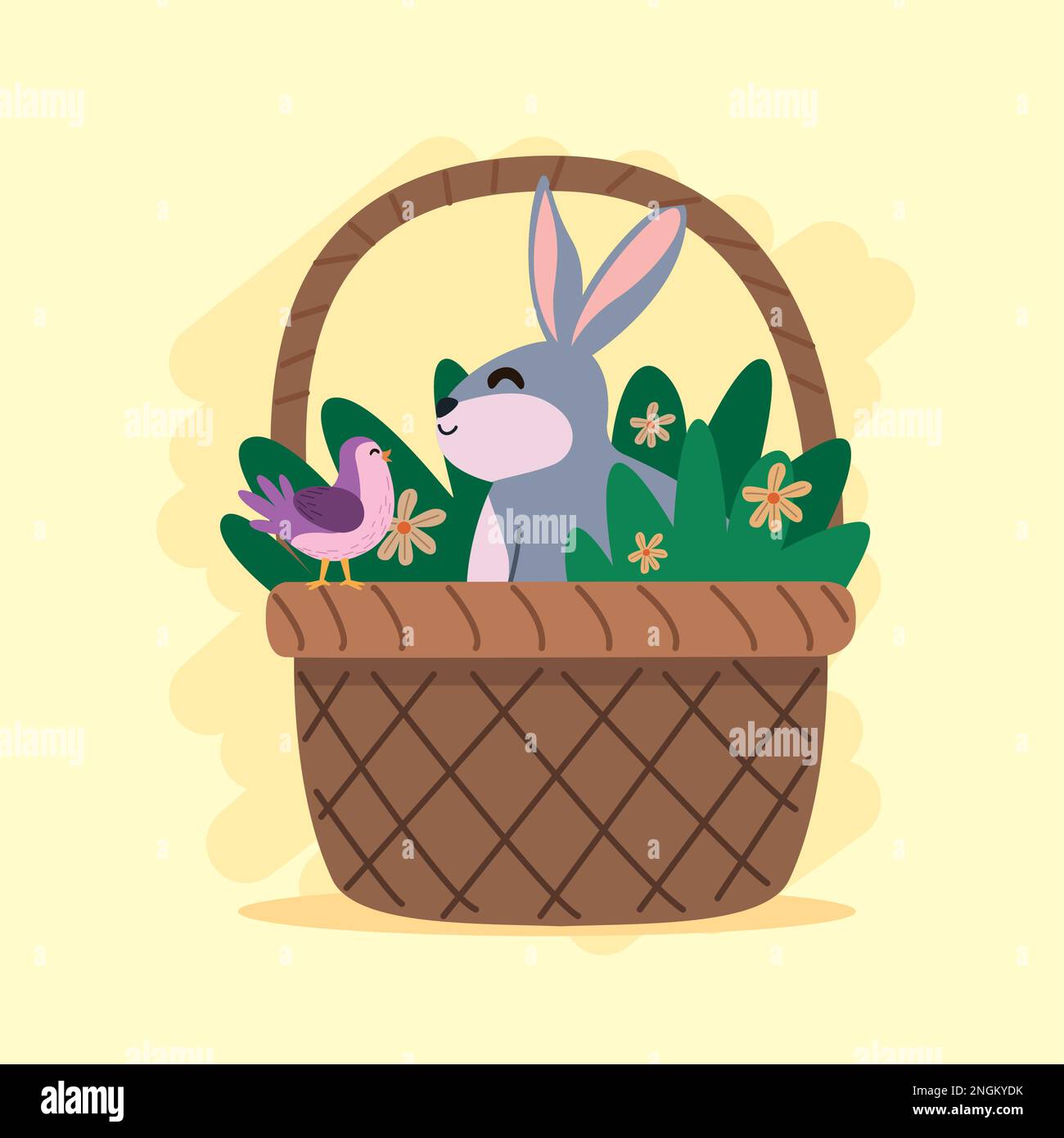 lapin et oiseau dans le panier de printemps Illustration de Vecteur