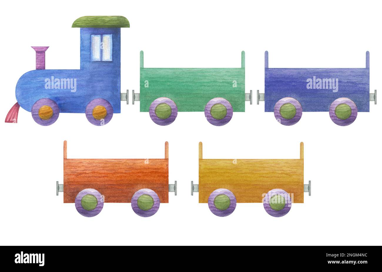 Illustration aquarelle d'un ensemble de train en bois d'enfant isolé sur fond blanc. Impression, affiche, fond, décor, papier peint, empaquetage pour crèches, Banque D'Images