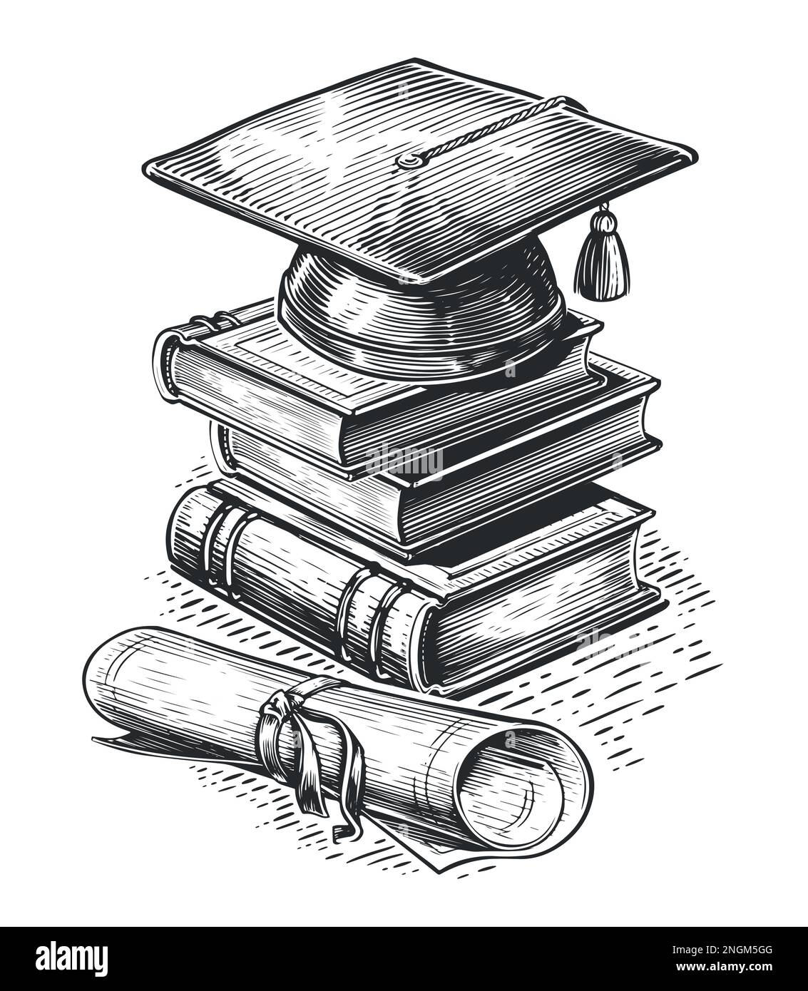 Chapeau de graduation, pile de livres et rouleau de diplôme. Collège, concept d'étude. Esquisser une illustration vectorielle vintage Illustration de Vecteur