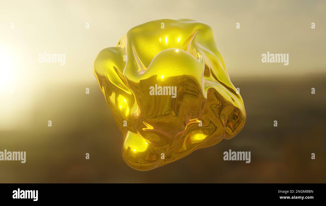 Forme métallique dynamique en or liquide, surface abstraite brillante, objet de forme 3D sur un arrière-plan flou. Banque D'Images