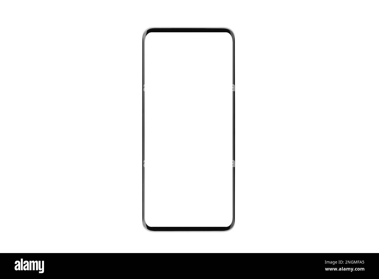 Smartphone moderne sans cadre maquette avec écran blanc isolé sur fond blanc, conception de smartphone sans cadre, connexion, données, affichage numérique Banque D'Images