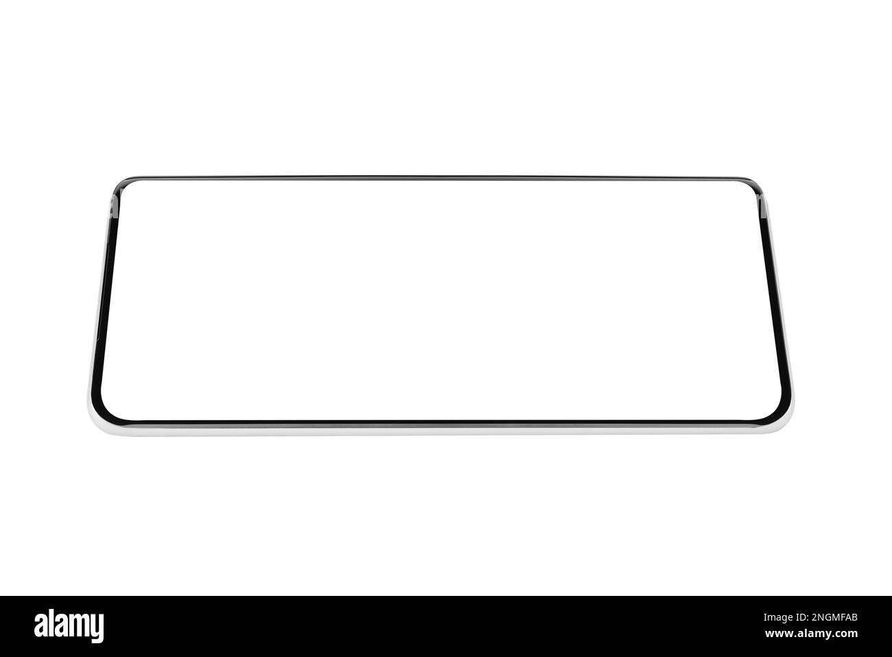 Smartphone moderne sans cadre maquette avec écran blanc isolé sur fond blanc, conception de smartphone sans cadre, connexion, données, affichage numérique Banque D'Images