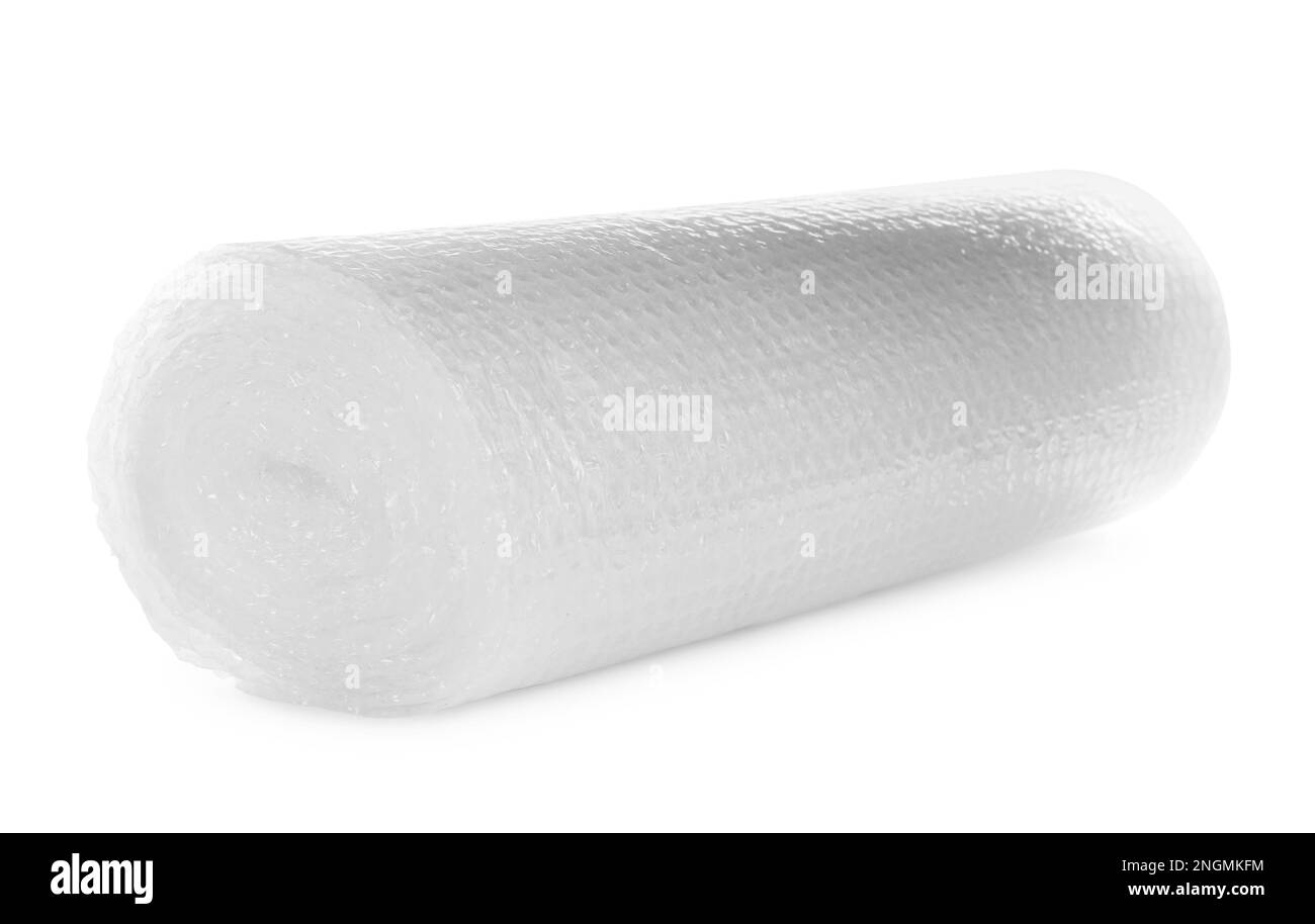 Rouleau d'emballage transparent à bulles isolé sur blanc Banque D'Images