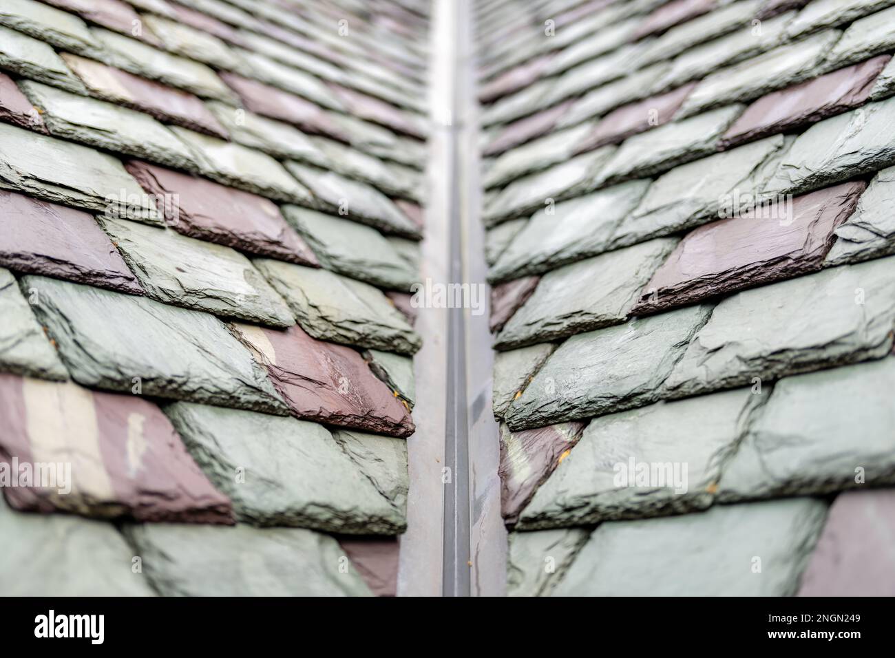 Tuiles de toiture en ardoise sur un bâtiment historique. Matériau de couverture attrayant et durable. Banque D'Images