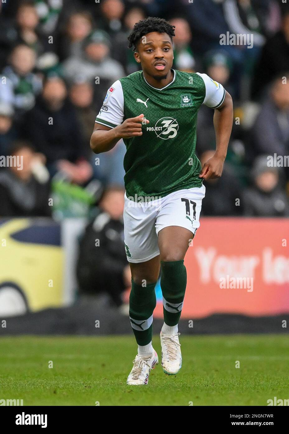 Plymouth Argyle avance Niall Ennis (11) pendant le match Sky Bet League 1 Plymouth Argyle vs Fleetwood Town at Home Park, Plymouth, Royaume-Uni, 18th février 2023 (photo de Stanley Kasala/News Images) Banque D'Images