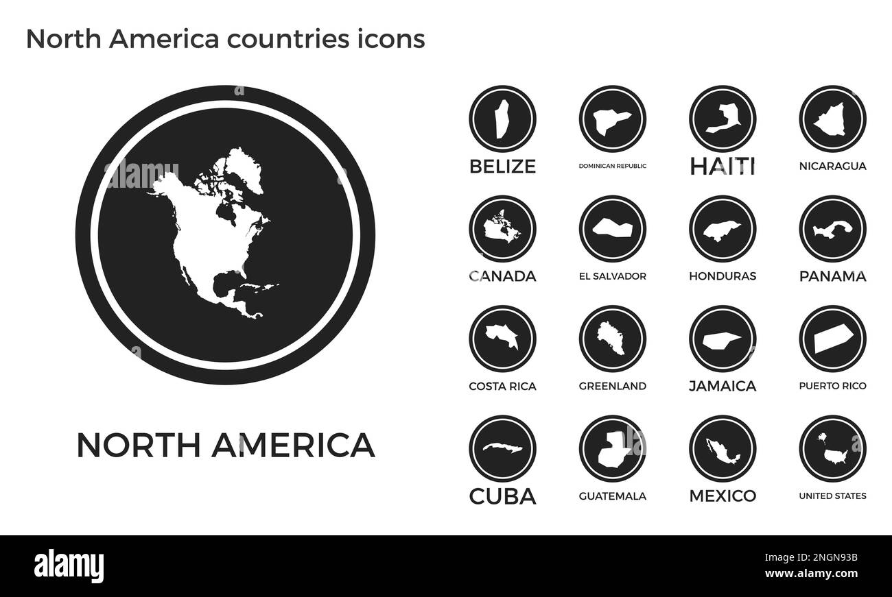 Icônes des pays d'Amérique du Nord. Logos ronds noirs avec cartes et titres des pays du continent. Illustration vectorielle. Illustration de Vecteur
