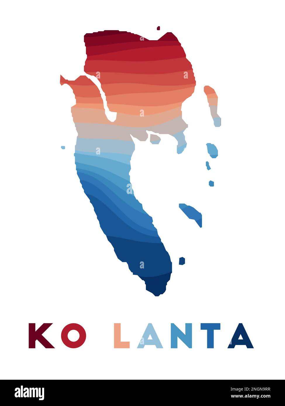 Carte de Ko Lanta. Carte de l'île avec de belles vagues géométriques dans les couleurs bleu rouge. Forme de Lanta Ko vive. Illustration vectorielle. Illustration de Vecteur