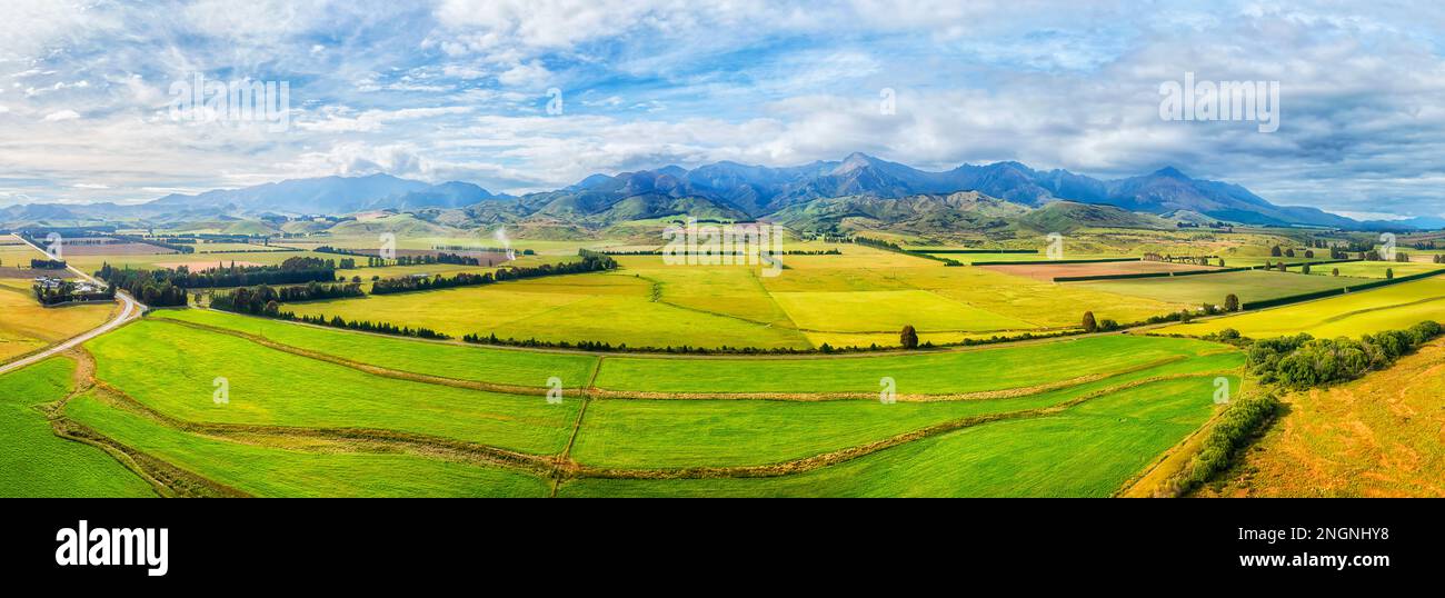 Panorama arial pittoresque des fermes de moutons cultivées dans la région de Key of New Zealand South Island. Banque D'Images