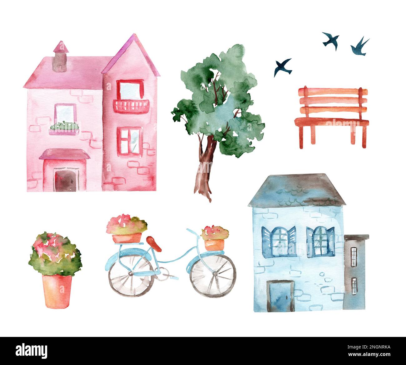 Ensemble de jolies maisons d'aquarelle de dessin animé, lits de fleurs et arbres, banc, vélo, peinture anglaise sur fond blanc Banque D'Images