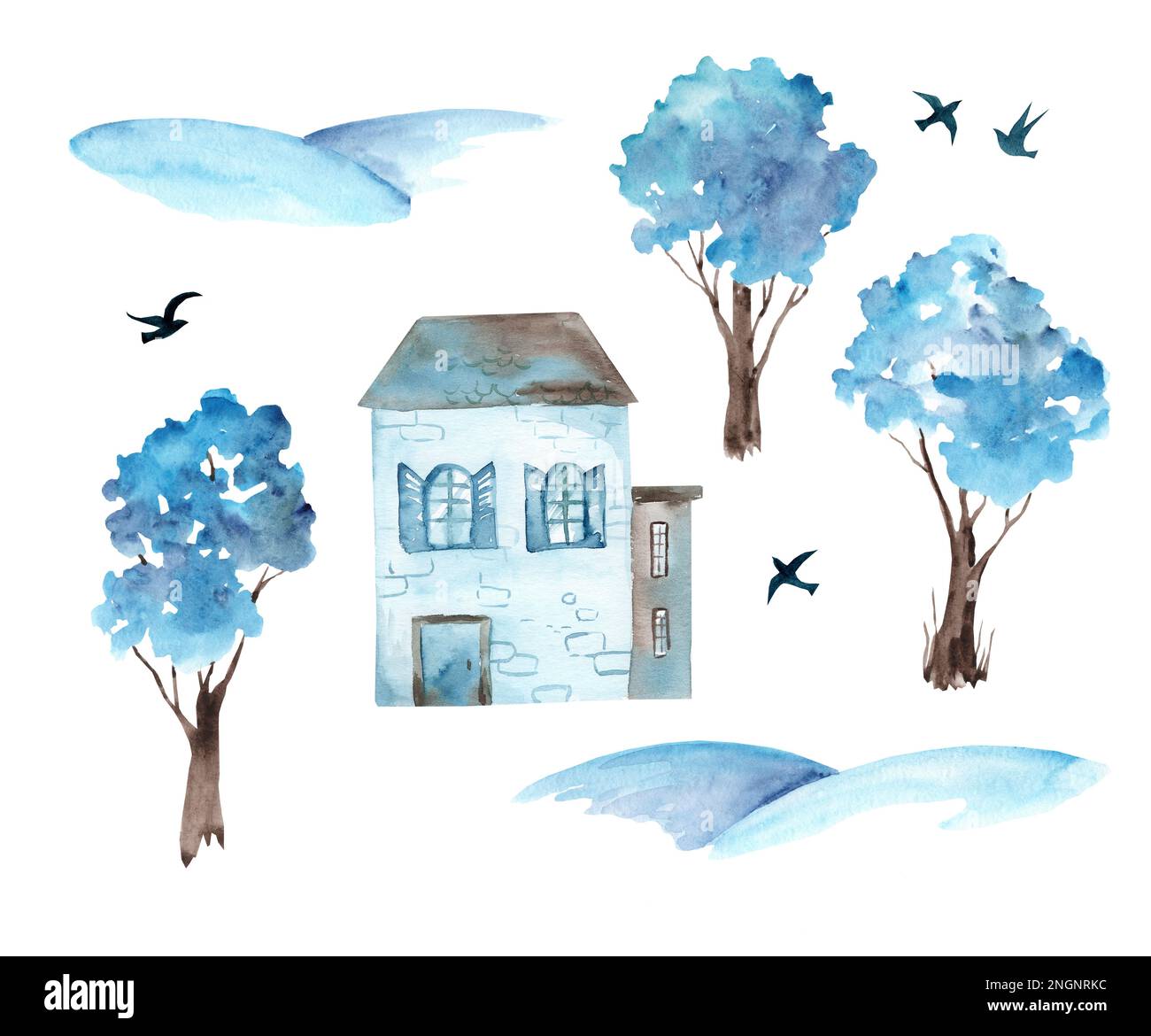 Ensemble de jolies maisons d'aquarelle de dessin animé, arbres neigeux, snowdrifts. Paysage d'hiver. Peinture sur fond blanc Banque D'Images