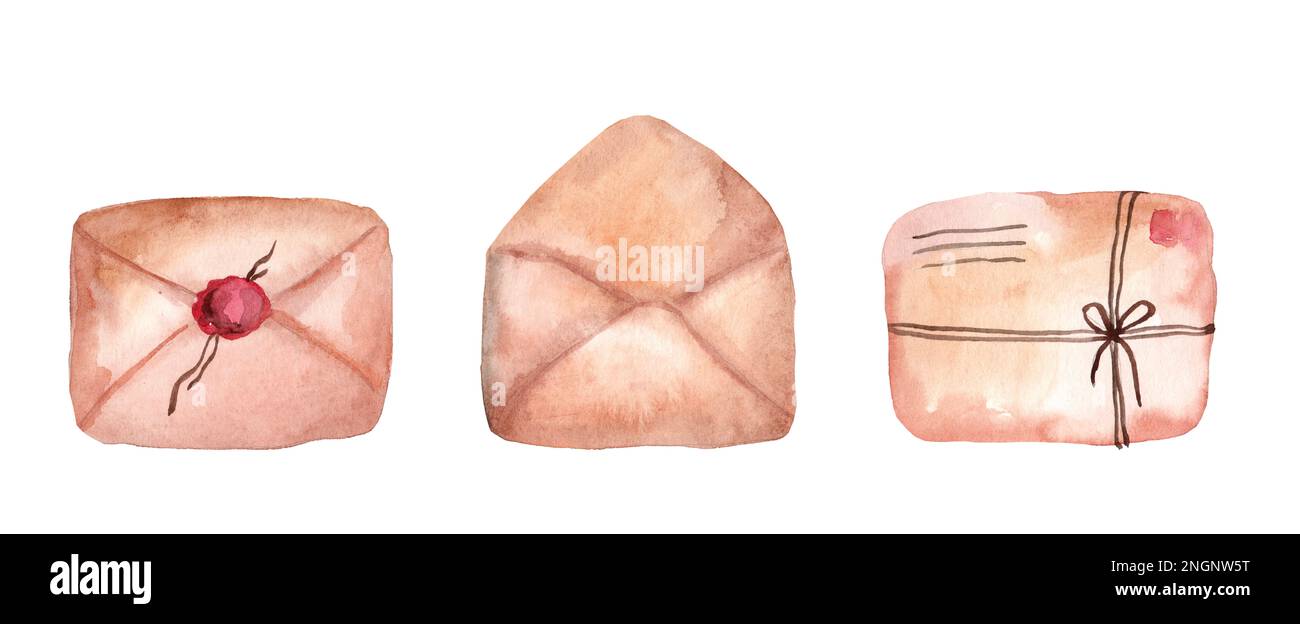 Enveloppes avec joints en cire. Jeu d'illustrations d'aquarelle vintage isolées sur fond blanc, lettres en papier, carte de vœux. Banque D'Images