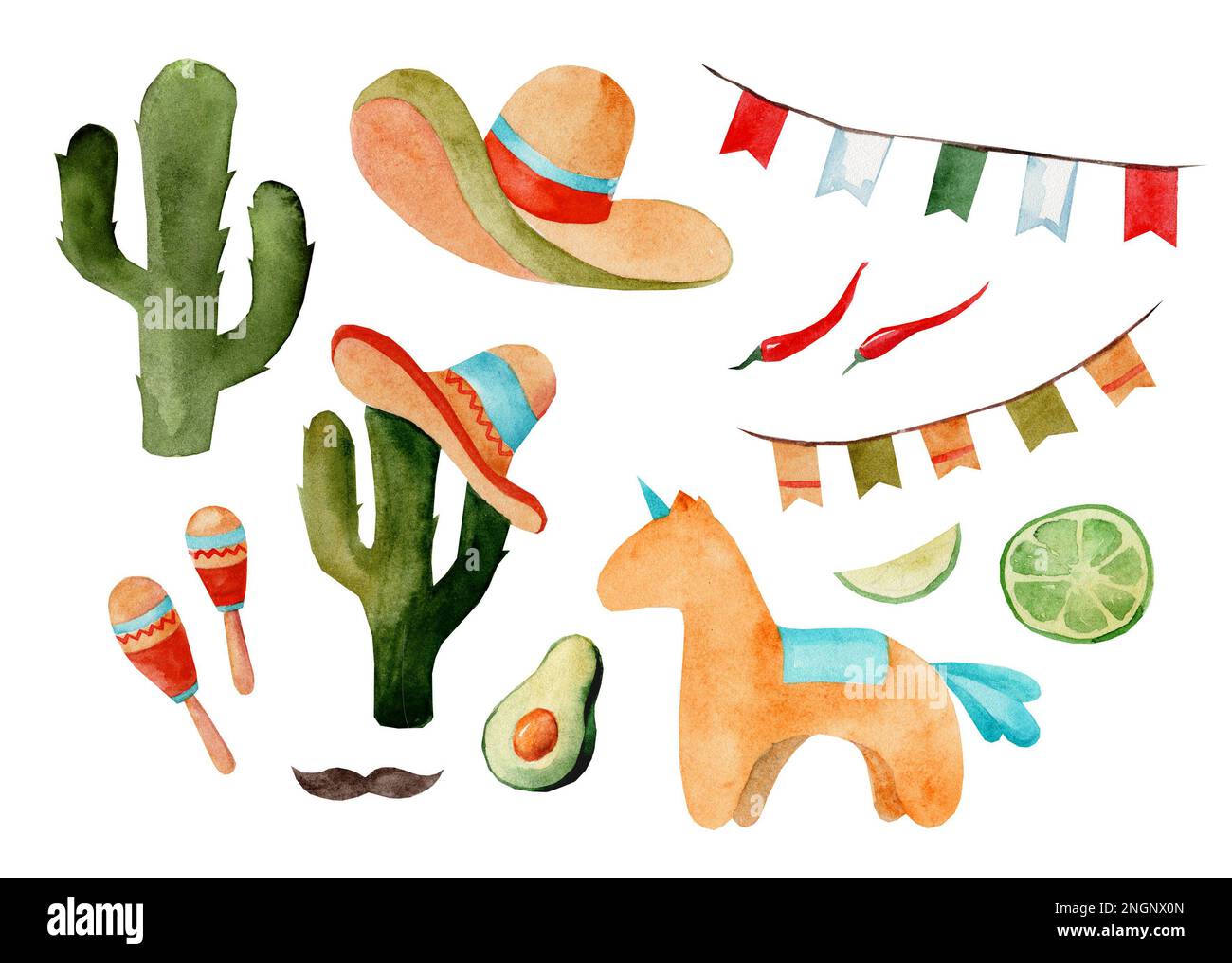 Ensemble d'illustrations aquarelles cinco de mayo, cuisine mexicaine, nourriture traditionnelle fiesta de vacances et symboles de festival éléments d'illustration de voyage. SOM Banque D'Images