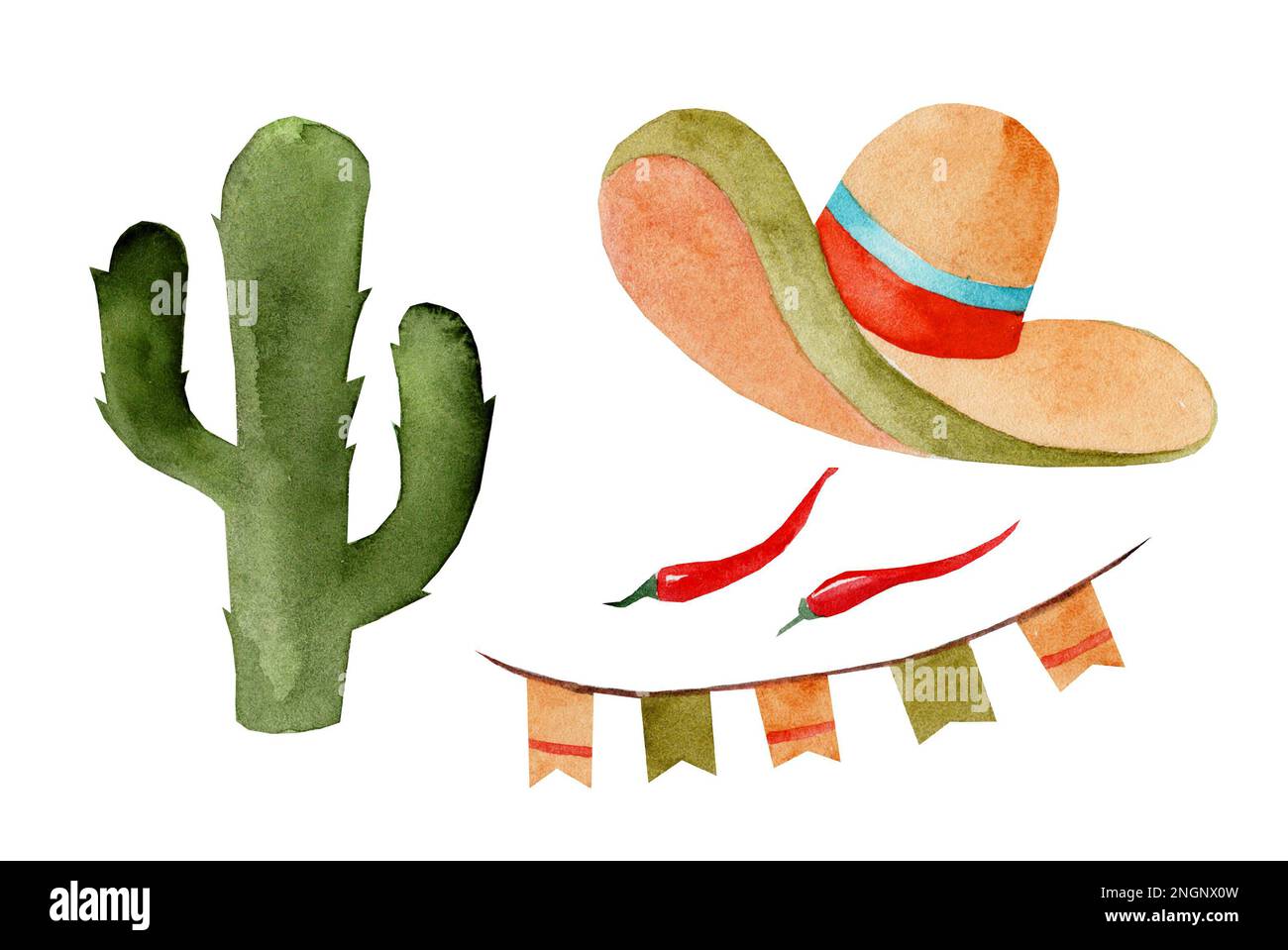 Ensemble d'illustrations aquarelles cinco de mayo, cuisine mexicaine, nourriture traditionnelle fiesta de vacances et symboles de festival éléments d'illustration de voyage. SOM Banque D'Images