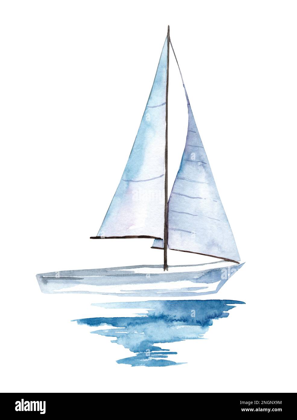Bateau à voile sur la surface de l'eau. Illustration aquarelle. Yacht Banque D'Images