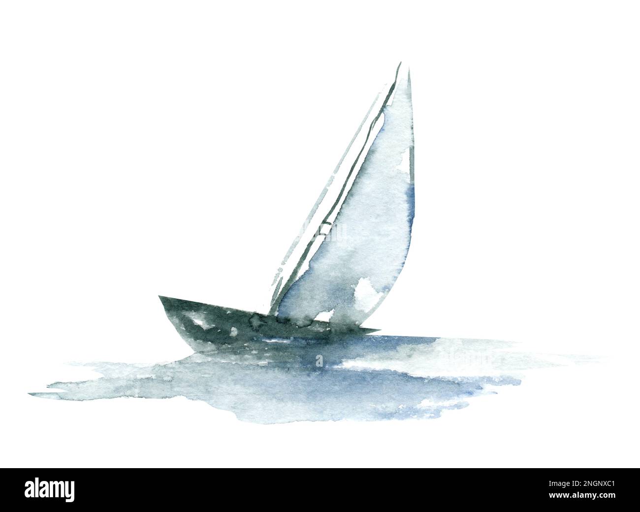 Yacht en mer avec mouettes. Aquarelle colorée peinte à la main, lalustration, papier peint, arrière-plan avec voile en bateau. Banque D'Images