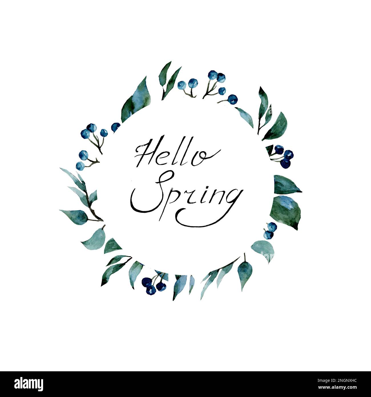Illustration aquarelle de branches et de baies sur fond blanc. Cadre pour la décoration. Lettrage. Bonjour printemps Banque D'Images