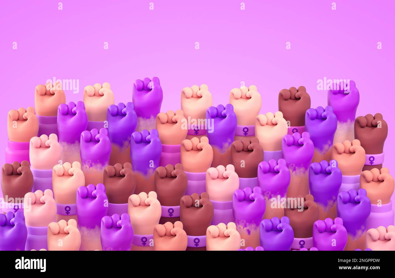 Multi racial élevé des poings des femmes pour la Journée internationale des femmes et l'activisme féministe en 3D illustration de dessins animés. 8 mars pour l'indépendance, empow Banque D'Images