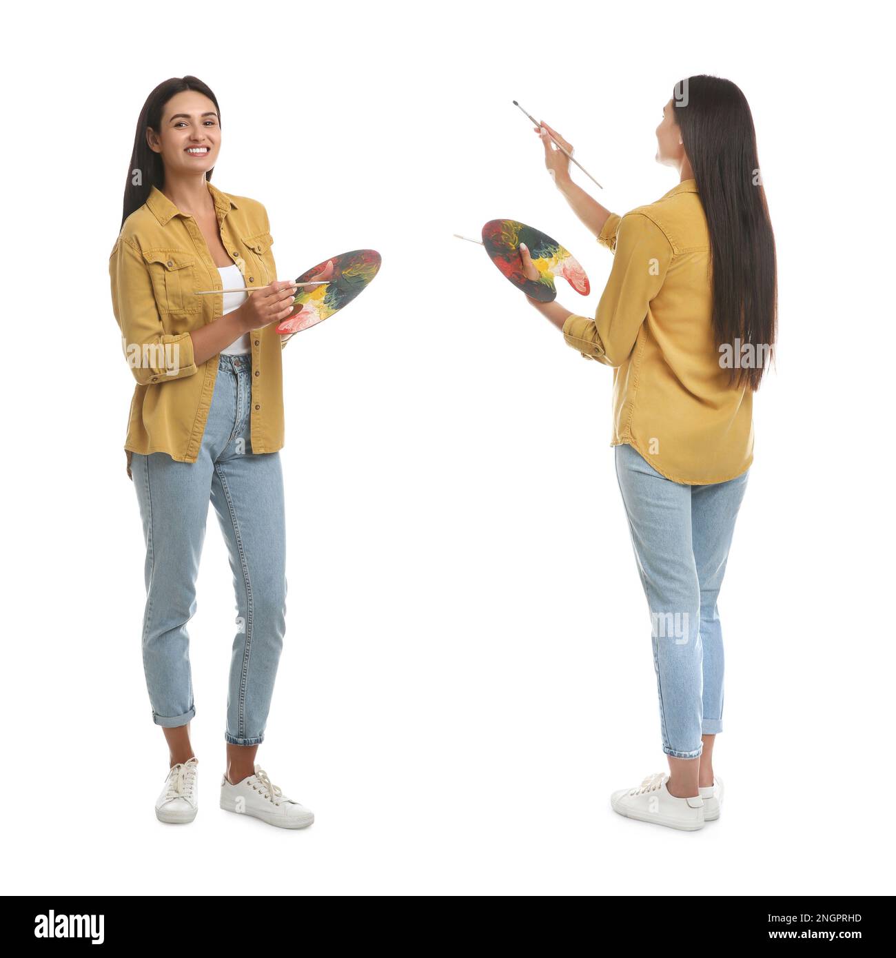 Jeune femme avec outils de dessin sur fond blanc, collage Banque D'Images