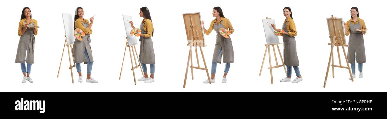 Les jeunes femmes dessinant sur des chevalets sur fond blanc, collage. Bannière Banque D'Images