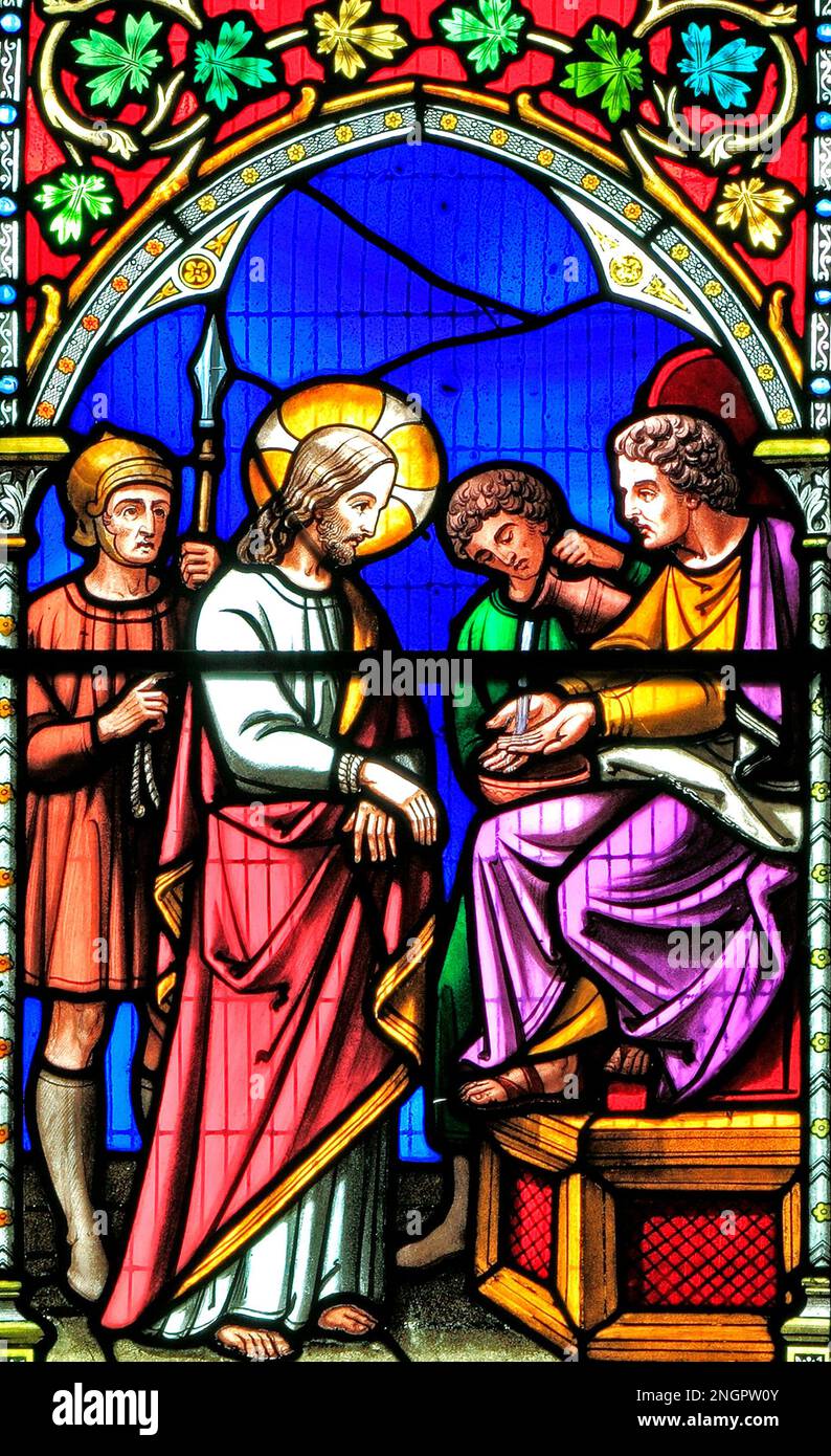 Histoire de Pâques, jugement de Jésus devant Ponce Pilate, vitrail, par William Warrington, 1854, Gunthorpe, Norfolk, Angleterre, Royaume-Uni Banque D'Images