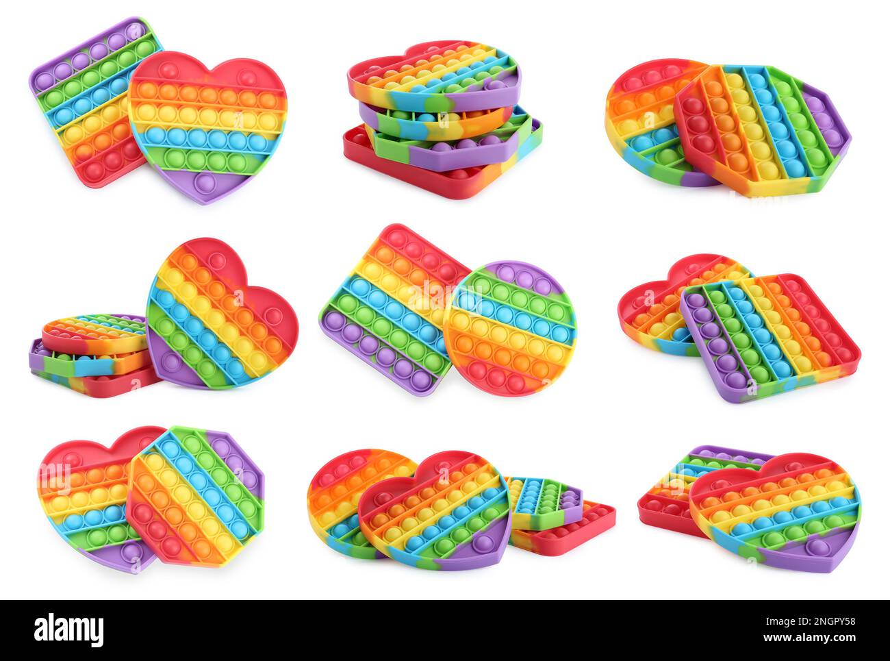 Set avec les jouets populaires de violon Pop-il sur fond blanc Banque D'Images