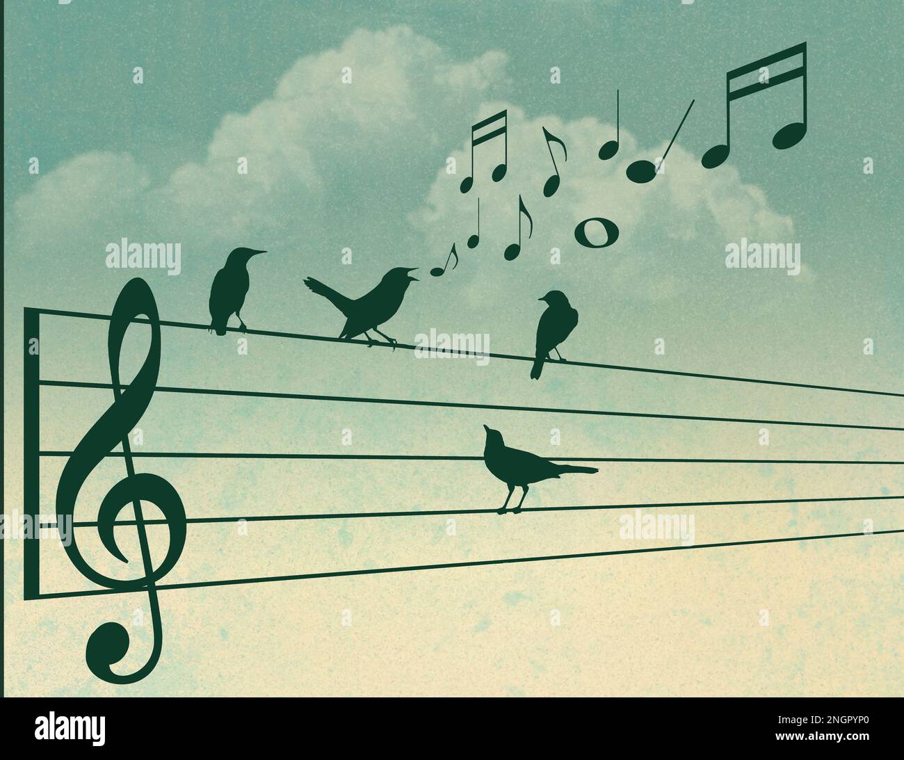 Les oiseaux se rassemblent autour d'un oiseau de chant talentueux qui chante tout en s'asseyant sur un personnel de clef d'aigus musical dans cette illustration. Banque D'Images