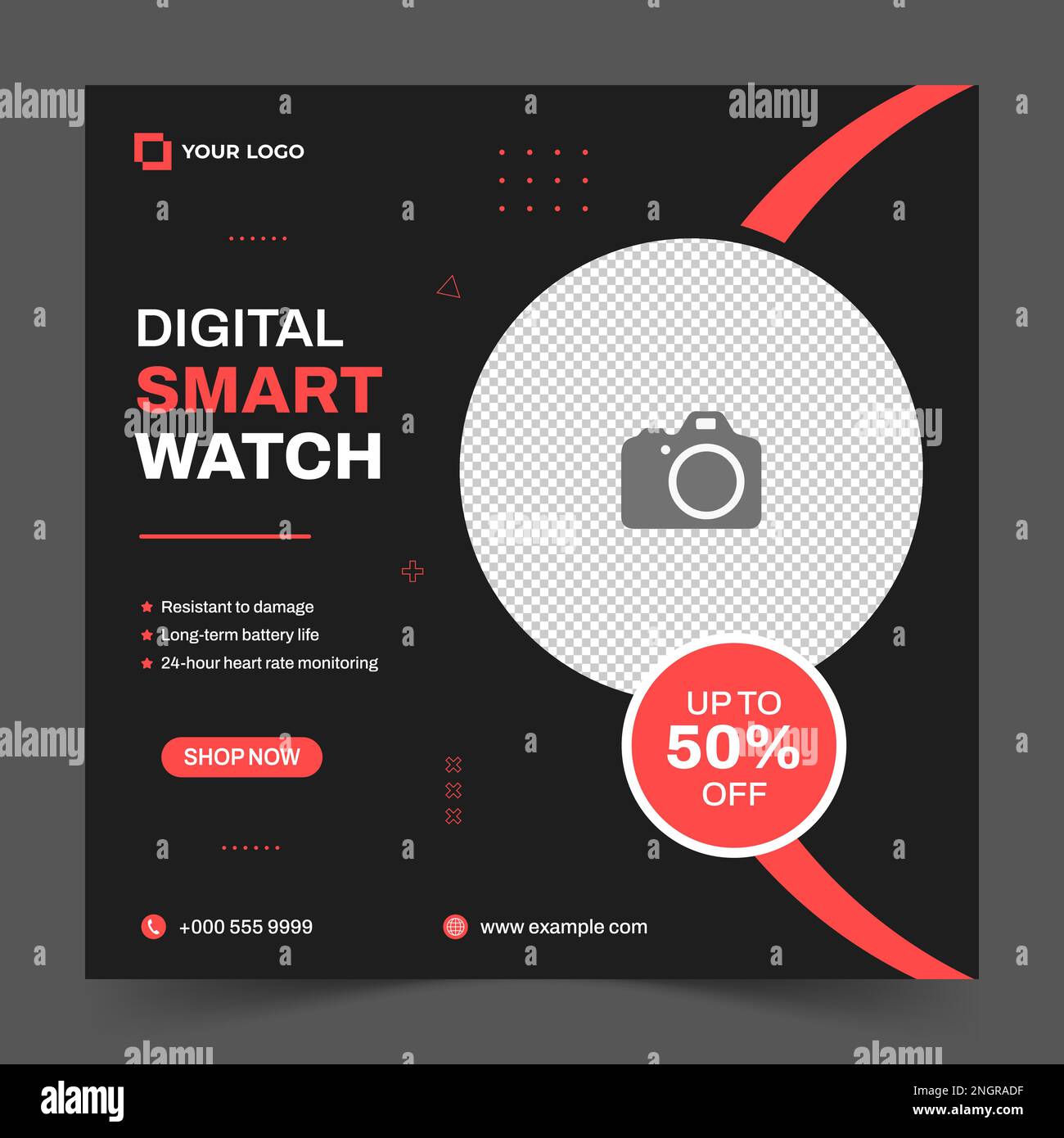 Affiche l'offre de vente Smart Watch. Smart Watch sur les réseaux sociaux. vente de montres intelligentes. Modèle de remise sur les montres-bracelets. Vente et promotion de produits. Illustration de Vecteur