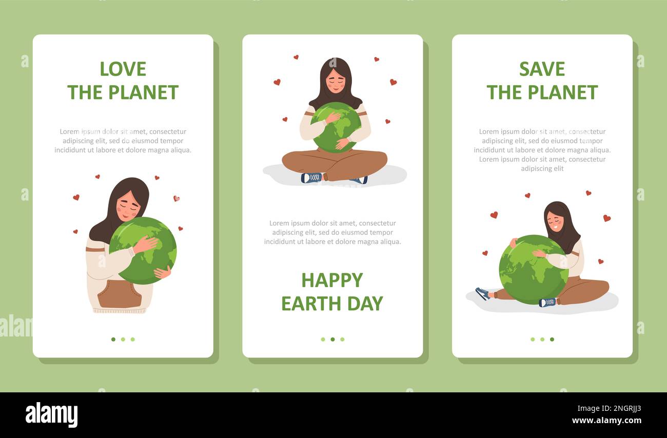 Illustrations du jour de la Terre. Jeu d'affiches vectorielles. Adorable fille arabe Hugs Planet avec soin et amour. Idéal pour la conception de sites Web, la présentation d'entreprise Illustration de Vecteur