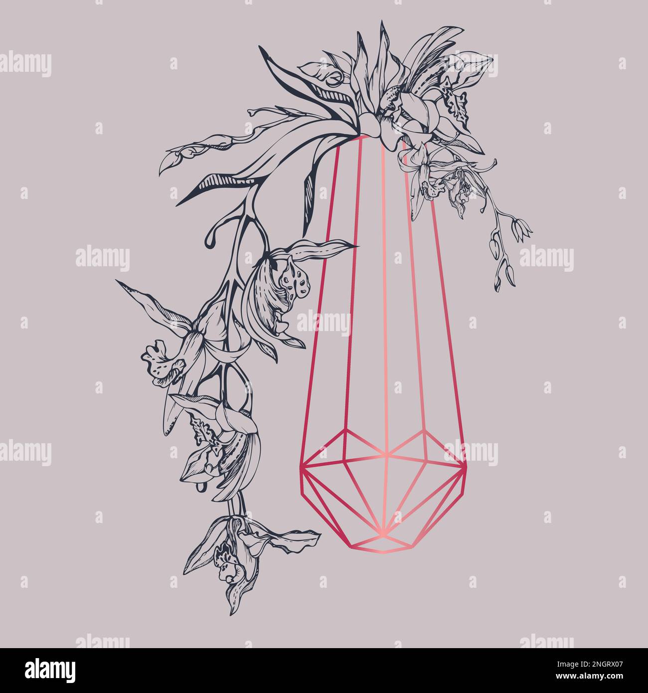 Fleurs et branches d'orchidées à encre vectorielle dessinées à la main, monochrome, contour détaillé. Composition en cristal. Couleur magenta Viva. Design pour mur Illustration de Vecteur